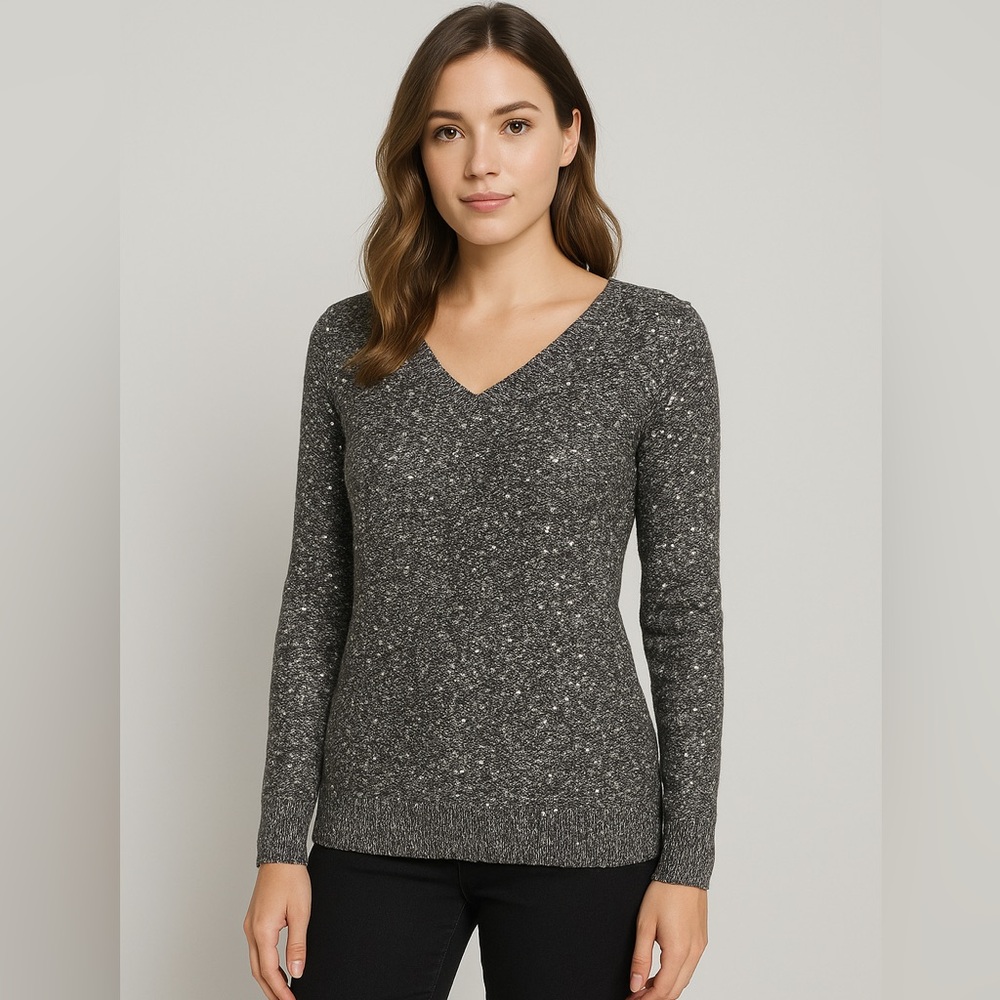 White House Black Market Metallic Sequin Knit Sweater Gray Size M NWT